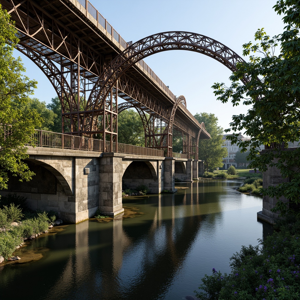 Prompt: Intricate ironwork, sinuous lines, flowing curves, organic forms, ornate details, decorative railings, grand arches, suspended walkways, cantilevered sections, riveted connections, textured stone foundations, moss-covered abutments, serene water reflections, lush green riverbanks, sunny day, soft warm lighting, shallow depth of field, 3/4 composition, panoramic view, realistic textures, ambient occlusion.