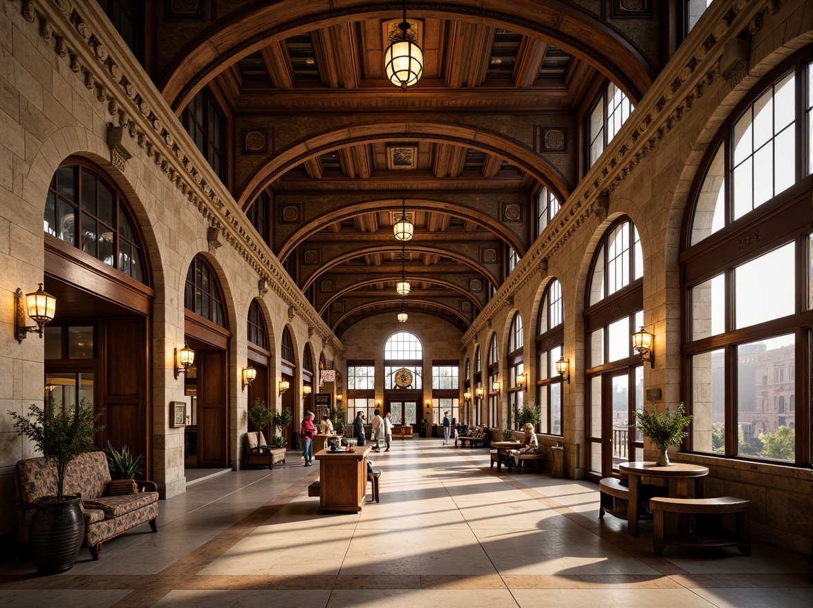 Prompt: Grand Renaissance train station, ornate stone fa\u00e7ade, rusticated quoins, arched windows, vaulted ceilings, intricate ironwork, polished marble floors, wooden benches, vintage luggage carts, classic clock towers, grand chandeliers, warm golden lighting, shallow depth of field, 1/1 composition, symmetrical architecture, realistic textures, ambient occlusion.