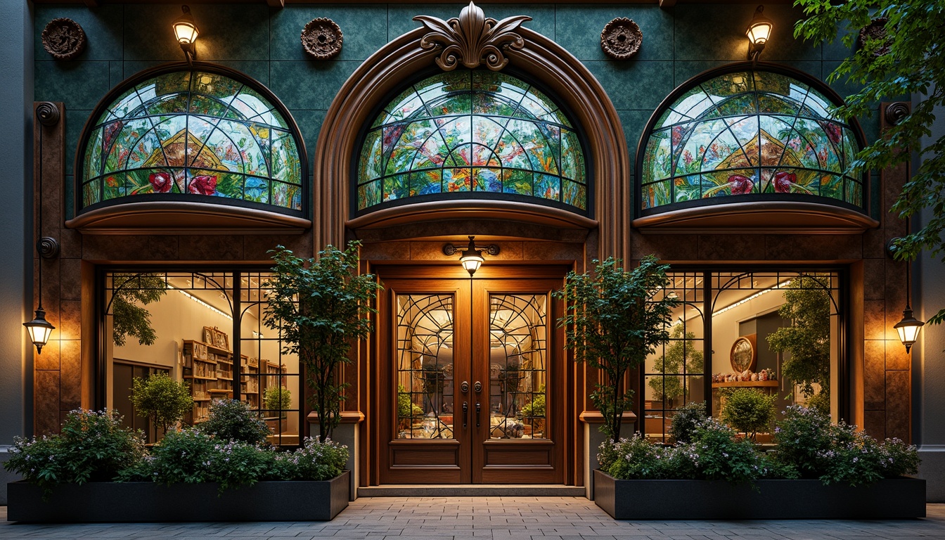 Prompt: Art Nouveau building facade, ornate details, flowing organic lines, sinuous curves, whiplash motifs, luxurious materials, iridescent glass, stained glass windows, Tiffany lamps, bronze accents, copper cladding, verdigris patina, soft warm lighting, atmospheric perspective, shallow depth of field, 1/2 composition, intimate scale, ornate ironwork, floral patterns, peacock-inspired colors, emerald green, sapphire blue, amethyst purple, golden yellow, rich brown, intricate mosaics.