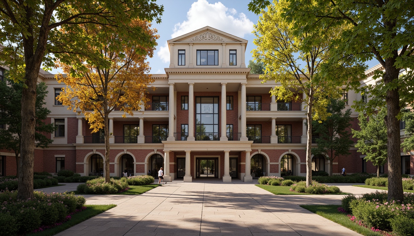 Prompt: Elegant academic building, traditional brick fa\u00e7ade, ornate stone carvings, grand entrance gates, manicured lawns, tall trees, classic columns, symmetrical composition, natural materials, rich wood paneling, polished marble floors, stained glass windows, intricate metal railings, subtle color palette, soft warm lighting, shallow depth of field, 1/1 composition, realistic textures, ambient occlusion.