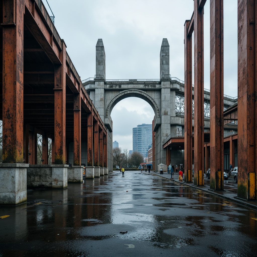 Prompt: Rustic steel bridges, industrial urban landscapes, warm earthy tones, weathered metal textures, muted blue-grey skies, atmospheric mist, soft natural lighting, shallow depth of field, 1/1 composition, realistic rust effects, ambient occlusion, urban cityscapes, concrete pillars, stone foundations, modern architectural lines, bold structural elements.