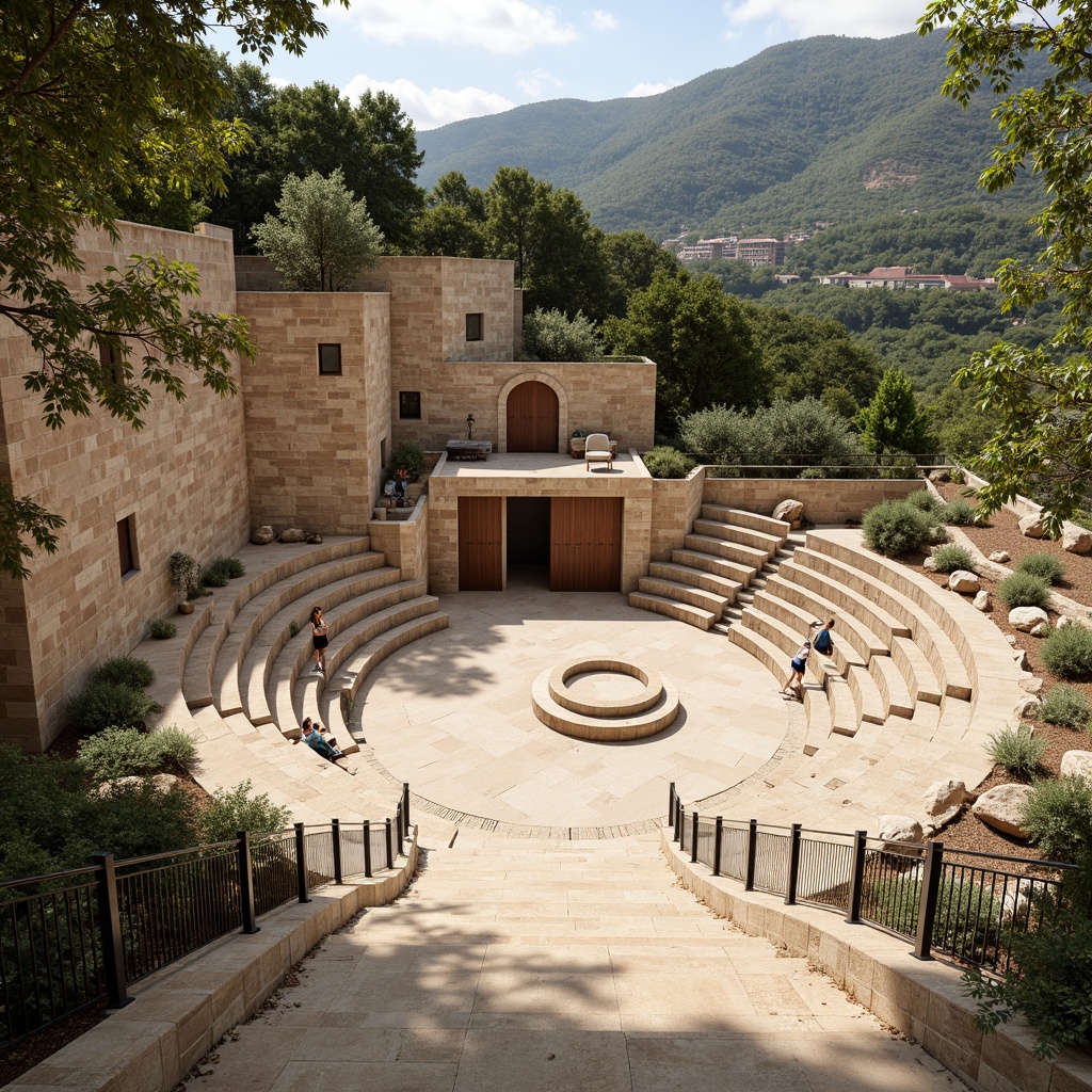 Prompt: Natural stone amphitheater, tiered seating, curved architecture, warm beige colors, wooden accents, lush greenery, surrounding hills, sunny day, soft diffused lighting, 1/2 composition, atmospheric perspective, realistic textures, ambient occlusion, sound-reflecting surfaces, acoustic panels, optimal speaker placement, resonant frequencies, echo-reducing materials, minimalist stage design, elegant metal railings.