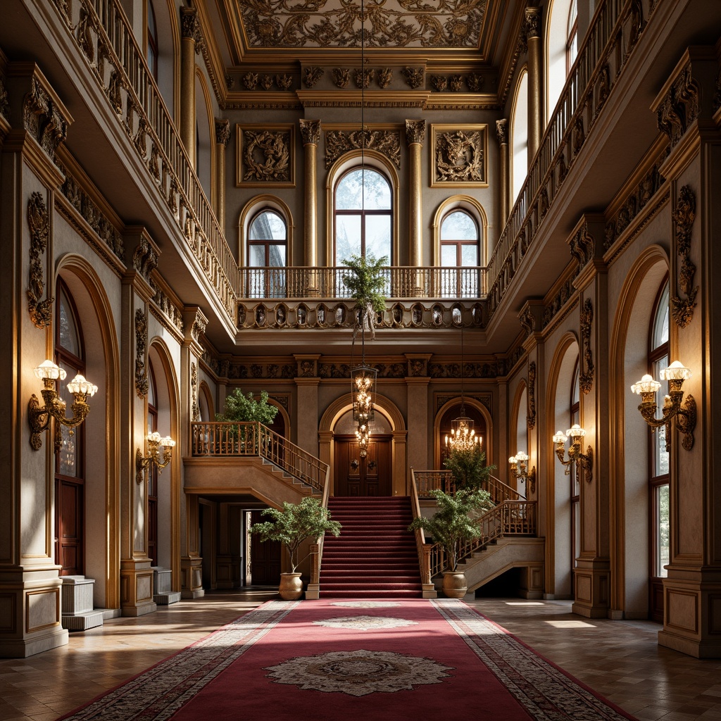 Prompt: Ornate palace facade, intricately carved stonework, gilded details, lavish ornamentation, grandiose entranceways, sweeping staircases, ornamental balconies, richly patterned rugs, velvety drapes, crystal chandeliers, soft warm lighting, subtle shadows, 3/4 composition, atmospheric perspective, highly detailed textures, realistic reflections.