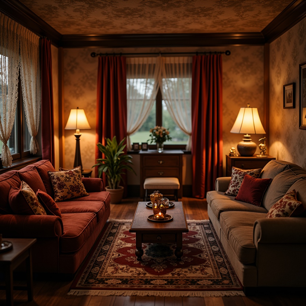 Prompt: Cozy living room, warm candlelight, soft velvet fabrics, ornate wooden furniture, delicate lace curtains, vintage flower patterns, rich jewel-toned colors, luxurious silk textiles, antique bronze accents, intimate seating areas, dimmable floor lamps, plush area rugs, subtle fragrance diffusion, golden hour lighting, shallow depth of field, 1/1 composition, warm color palette, soft focus blur.