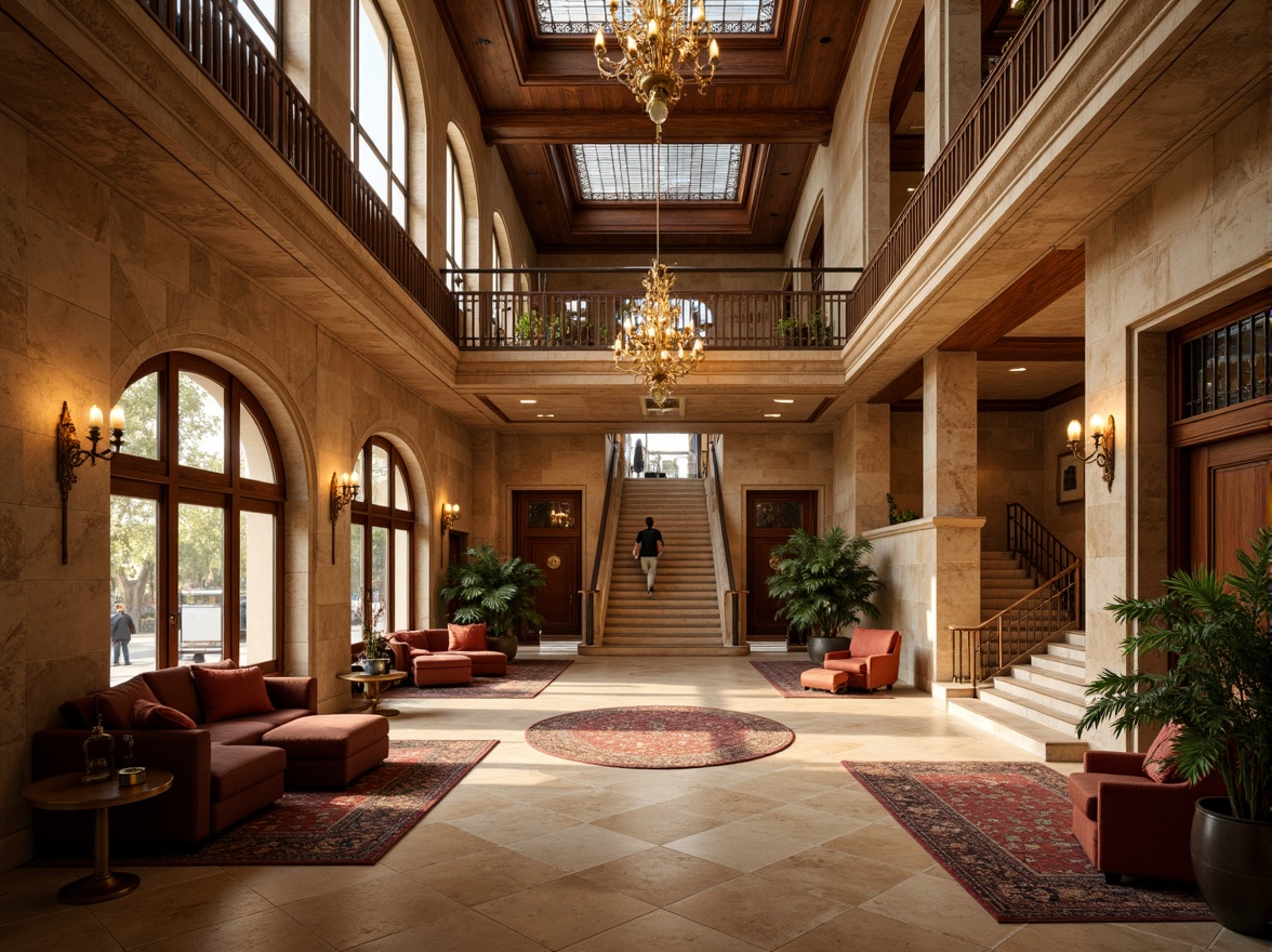 Prompt: Richly ornamented hotel lobby, intricately carved stone walls, warm beige marble floors, ornate bronze door handles, lavish chandeliers, grand staircase, rustic wooden accents, earthy tone color palette, natural stone columns, arched windows, stained glass ceilings, luxurious velvet furnishings, regal patterned rugs, soft warm lighting, shallow depth of field, 1/2 composition, realistic textures, ambient occlusion.