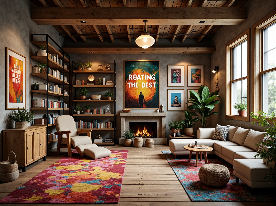 Prompt: Vibrant art studio, eclectic furniture, bold brushstrokes, abstract artwork, inspirational quotes, colorful rugs, natural wood accents, industrial metal shelves, reclaimed wood tables, cozy reading nooks, soft warm lighting, shallow depth of field, 3/4 composition, panoramic view, realistic textures, ambient occlusion.