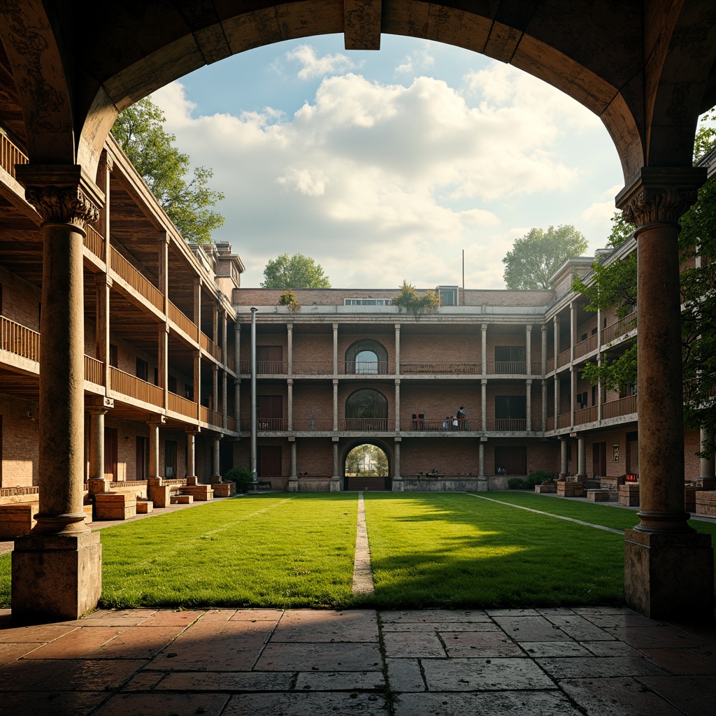 Prompt: Renaissance-style stadium, lush green grass, ornate stone columns, intricately carved wooden benches, rustic metal railings, weathered brick facades, classical archways, grandiose entrance gates, vintage scoreboard, distressed leather textures, worn stone pathways, aged copper accents, warm golden lighting, dramatic shadows, high contrast ratios, 1/2 composition, low-angle shots, cinematic depth of field, realistic atmospheric effects.