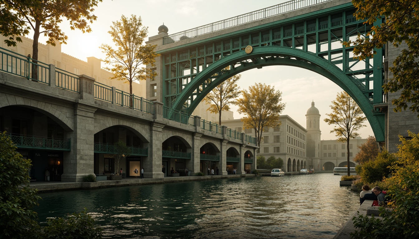 Prompt: Intricate ironwork bridges, flowing organic curves, ornate lanterns, majestic arches, sinuous railings, vibrant green patina, rustic stone piers, water-reflected sunlight, misty atmospheric effects, low-angle shot, 1/2 composition, warm golden lighting, realistic metallic textures, ambient occlusion.