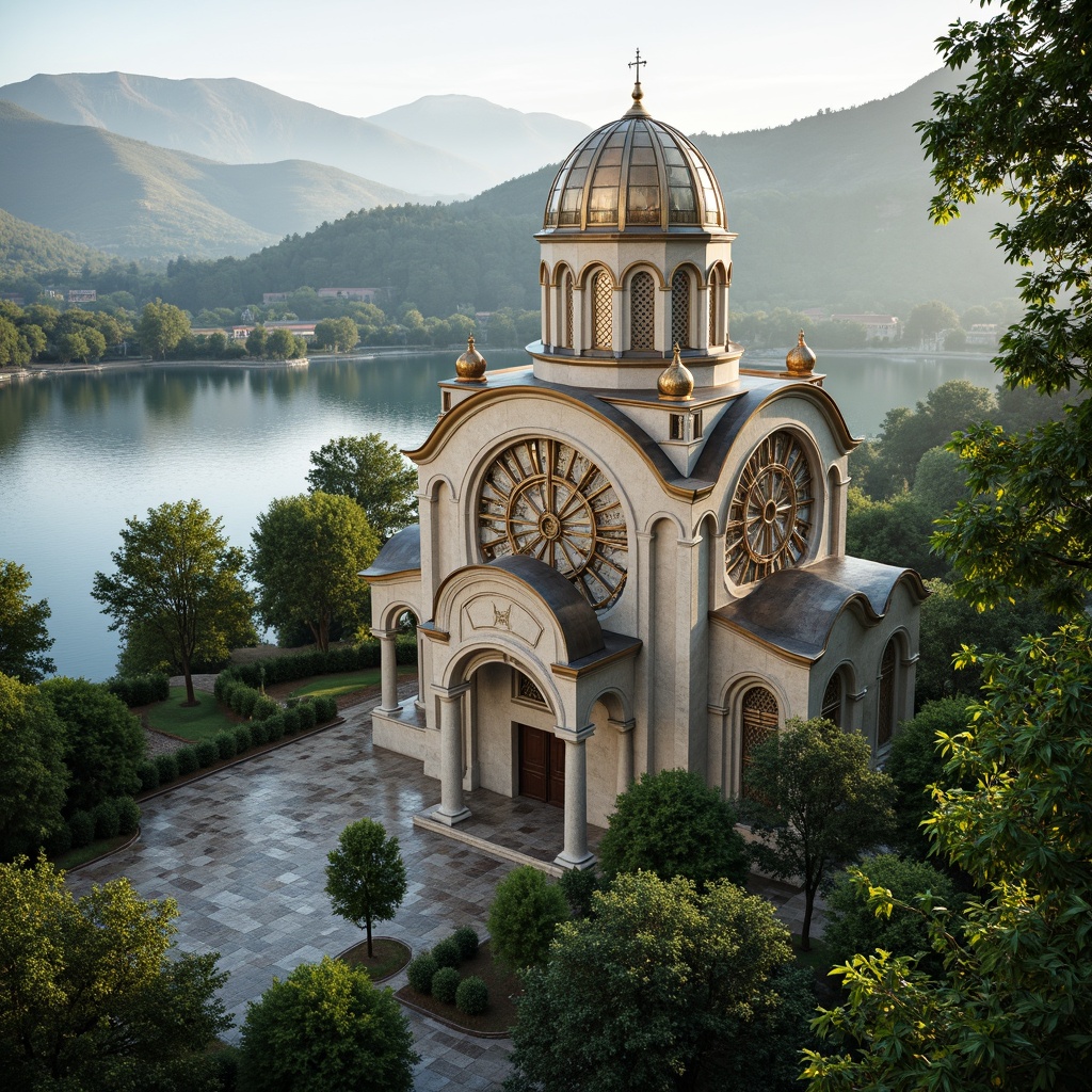 Prompt: \Majestic Byzantine church, ornate stone carvings, golden domes, intricately patterned mosaics, lush greenery, rolling hills, serene lake waters, misty morning atmosphere, warm soft lighting, shallow depth of field, 1/1 composition, realistic textures, ambient occlusion, surrounding landscape integration, natural terrain blending, organic architecture fusion.\