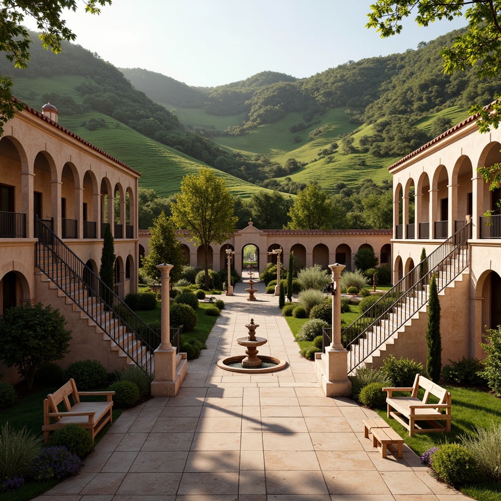 Prompt: Rolling hills, lush green grass, ornate fountains, grand stone staircases, classical sculptures, symmetrical walkways, rustic wooden benches, vintage lanterns, distressed brick walls, arched windows, terra cotta roofs, curved colonnades, Mediterranean-inspired landscaping, olive trees, lavender fields, warm golden lighting, soft focus effect, 1/2 composition, atmospheric perspective, subtle depth of field.