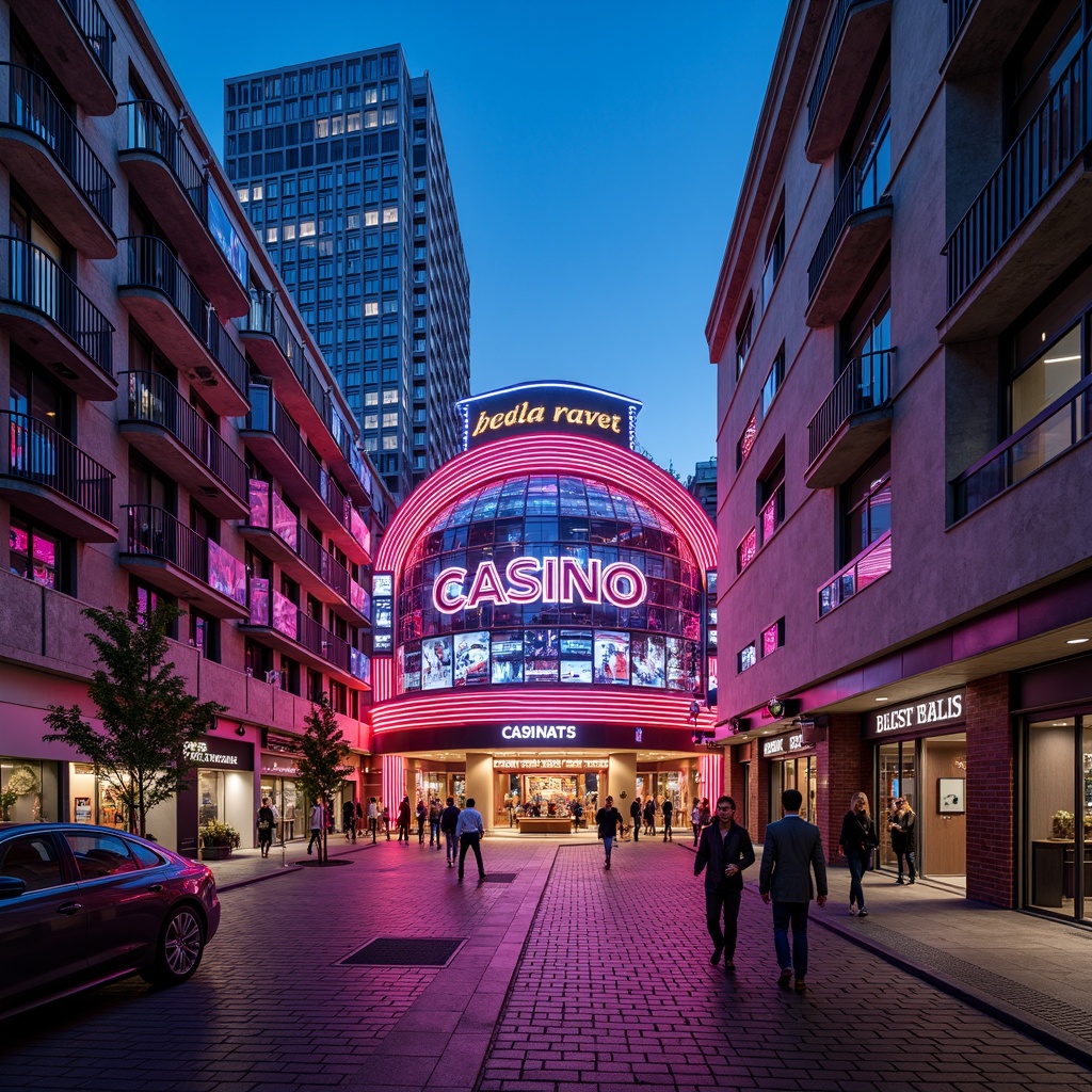 Prompt: Vibrant casino facade, neon lights, futuristic architecture, curved lines, metallic materials, bold color schemes, luxurious atmosphere, high-rise social housing, sleek balconies, urban cityscape, bustling streets, pedestrian walkways, dynamic lighting effects, 3/4 composition, shallow depth of field, realistic textures, ambient occlusion.