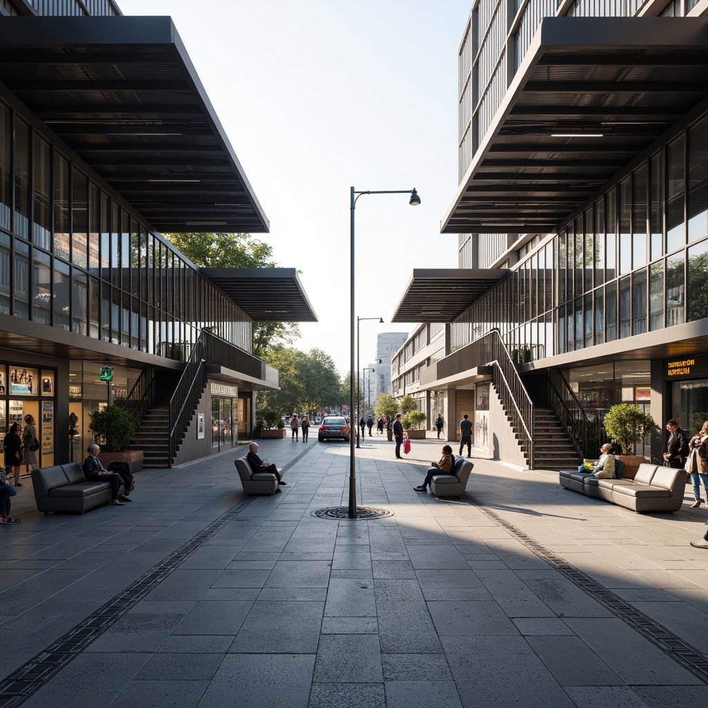 Prompt: Modern tram station, efficient layout, sleek metal structures, cantilevered roofs, large glass windows, open waiting areas, accessible pedestrian paths, clear signage, real-time information displays, comfortable seating, urban landscape, busy streets, morning rush hour, soft natural lighting, shallow depth of field, 1/2 composition, symmetrical framing, vibrant city colors, realistic textures.