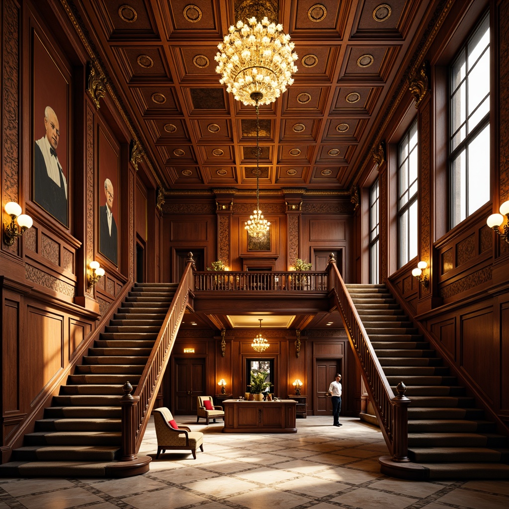 Prompt: Elegant courthouse interior, ornate details, lavish chandeliers, rich wood paneling, geometric patterns, metallic accents, grand staircases, marble floors, luxurious fabrics, velvety smooth textures, warm golden lighting, high ceilings, symmetrical composition, 1/1 aspect ratio, dramatic shadows, intricate moldings, sophisticated color palette, refined ornateness, vintage flair, nostalgic ambiance.