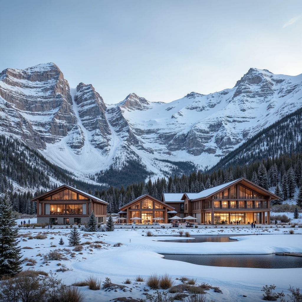 Prompt: Snow-capped mountains, serene alpine meadows, frozen lakes, ski trails, chairlifts, gondolas, rustic wooden chalets, modern ski center architecture, large glass windows, steel beams, minimalist design, earthy tones, natural stone walls, wooden accents, warm cozy atmosphere, soft warm lighting, shallow depth of field, 3/4 composition, panoramic view, realistic textures, ambient occlusion.