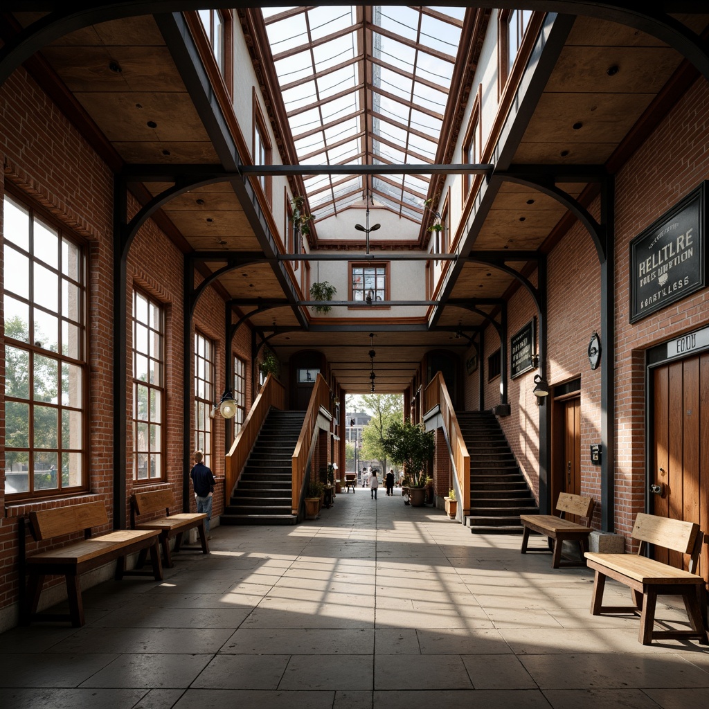 Prompt: Vintage tram station, high ceilings, exposed brick walls, iron beams, wooden benches, nostalgic advertisements, retro-style signage, natural stone flooring, grand staircases, large windows, clerestory windows, skylights, soft warm lighting, gentle shadows, shallow depth of field, 1/1 composition, realistic textures, ambient occlusion.