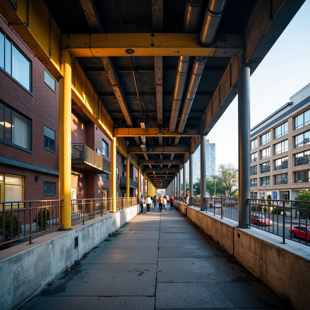 Prompt: Rugged pedestrian bridge, brutalist architecture, rough concrete textures, industrial steel beams, exposed ductwork, vibrant yellow accents, bold orange highlights, deep blue undertones, weathered metal railings, urban cityscape, busy streets, morning rush hour, soft natural light, shallow depth of field, 1/2 composition, symmetrical framing, realistic reflections, ambient occlusion.