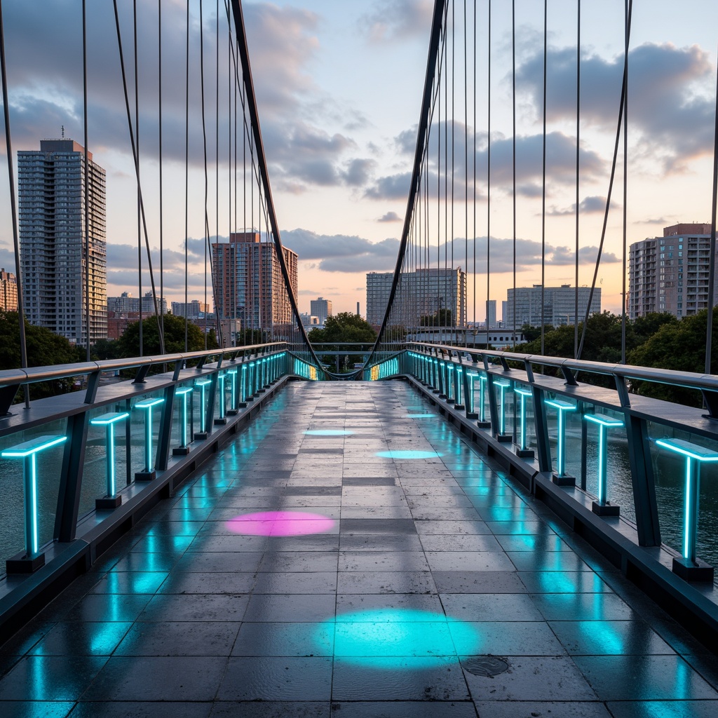 Prompt: Curved pedestrian bridge, sleek metal railings, translucent glass flooring, iridescent color-shifting coatings, textured concrete piers, dynamic LED lighting, misting systems, urban cityscape background, cloudy sky, warm afternoon ambiance, shallow depth of field, 1/2 composition, symmetrical framing, vibrant neon accents, futuristic architectural details, cantilevered walkways, stainless steel cables, minimalistic design elements.