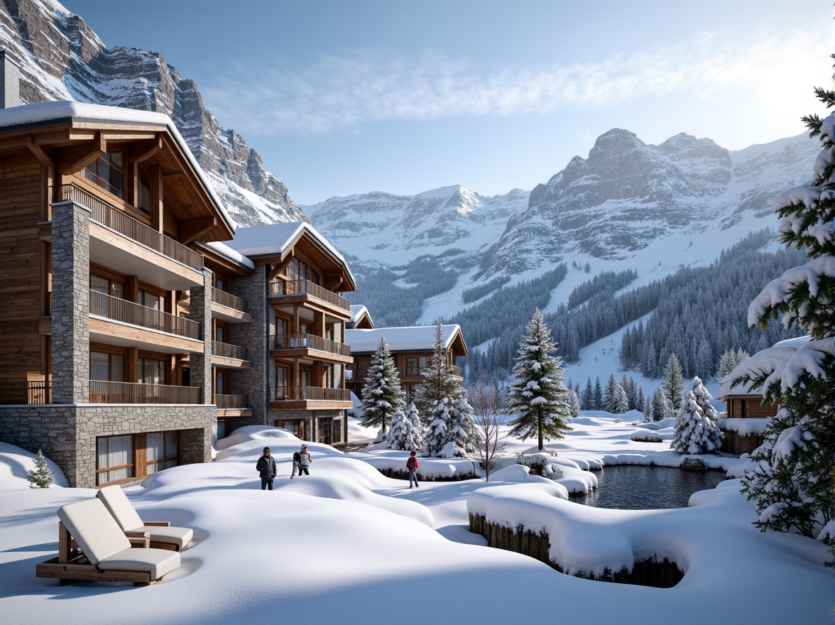 Prompt: Snow-capped mountains, wooden ski chalets, rustic stone walls, sloping roofs, wooden beams, large windows, cozy fireplaces, warm lighting, snowy trees, frozen lakes, frosty air, misty atmosphere, panoramic views, 3/4 composition, realistic textures, ambient occlusion, modern ski lifts, chairlifts, gondolas, snowmaking machines, ski trails, gentle slopes, steep cliffs, ski rental shops, equipment storage, warm coffee shops, wooden benches, stone floors, natural materials, earthy colors.