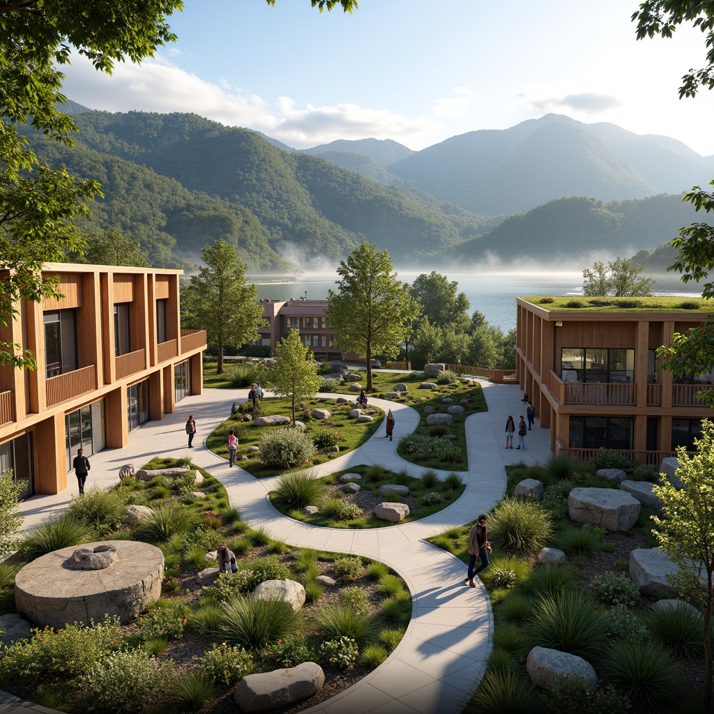 Prompt: Vibrant student hall, lush green roofs, winding walkways, natural stone walls, wooden accents, modern architecture, large windows, glass doors, blooming trees, sunny day, soft warm lighting, shallow depth of field, 3/4 composition, panoramic view, realistic textures, ambient occlusion, rolling hills, serene lake, misty mountains, rustic bridges, outdoor seating areas, public art installations, educational gardens, sustainable rainwater harvesting systems.