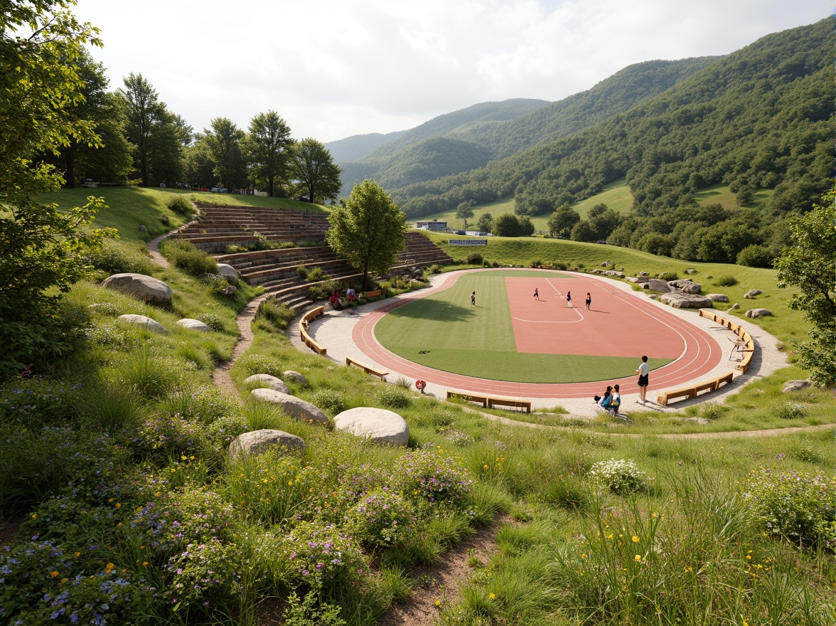 Prompt: Undulating hills, lush green meadows, natural stone retaining walls, wooden athletic tracks, organic-shaped stadiums, curved lines, vibrant wildflowers, rustic wooden benches, educational signage, eco-friendly materials, sustainable drainage systems, misting irrigation systems, soft warm lighting, shallow depth of field, 3/4 composition, panoramic view, realistic textures, ambient occlusion, dynamic sports scenes, athletes in motion, spectators' excitement, vivid color palette, earthy tones, natural harmony.