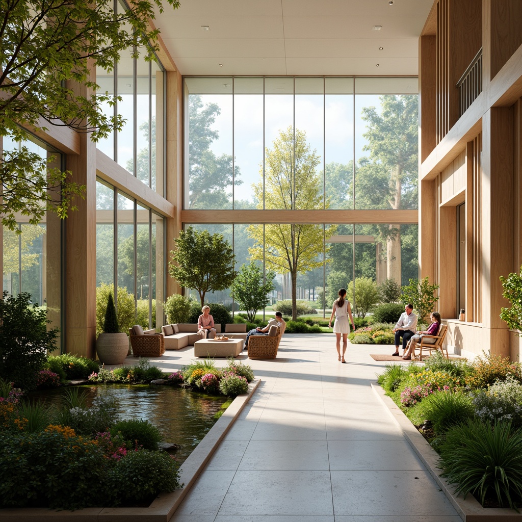 Prompt: Rehabilitation center, calming atmosphere, abundant natural light, floor-to-ceiling windows, minimal obstruction, soothing color palette, warm wood accents, comfortable seating areas, lush greenery, vibrant flowers, peaceful courtyard, gentle water features, soft diffused lighting, shallow depth of field, 1/1 composition, realistic textures, ambient occlusion.