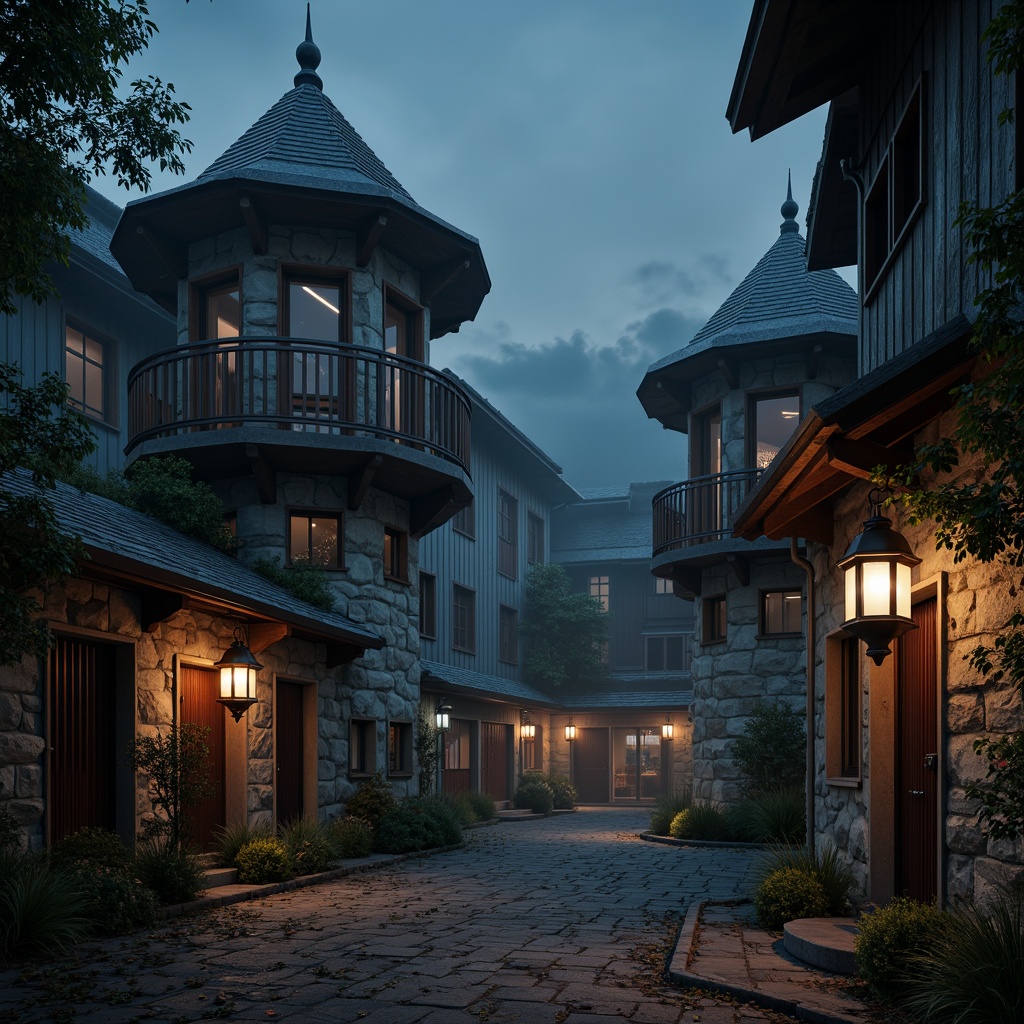 Prompt: Ancient watchtowers, rugged stone walls, weathered wooden roofs, rusty metal gates, mysterious lanterns, dimly lit windows, eerie misty atmosphere, moonlit night, soft warm lighting, 1/2 composition, cinematic perspective, dramatic shadows, realistic textures, ambient occlusion.