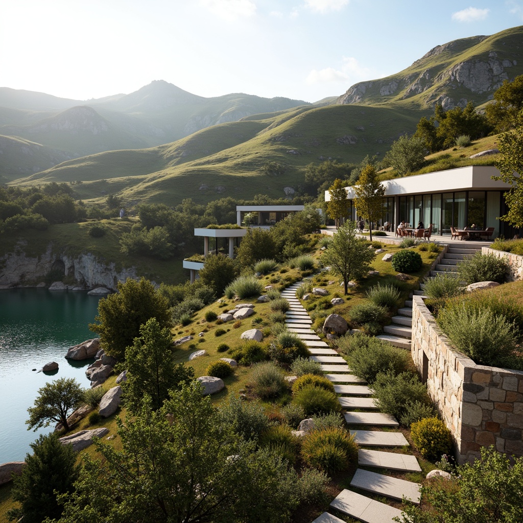 Prompt: Harmonious landscape integration, rolling hills, serene lakeside, lush greenery, native flora, meandering pathways, natural stone walls, modern minimalist architecture, sleek glass facades, cantilevered roofs, seamless transitions, organic shapes, earthy tones, warm ambient lighting, soft focus, shallow depth of field, 2/3 composition, panoramic view, realistic textures, ambient occlusion.