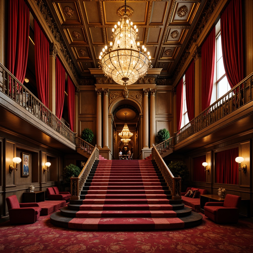 Prompt: Grand luxurious cinema, ornate Romanesque details, rich velvet curtains, golden accents, intricate moldings, grand staircase, majestic chandelier, red carpet, plush seating, lavish decorations, Baroque-inspired furnishings, warm soft lighting, subtle shadows, 1/2 composition, cinematic color palette, realistic textures, ambient occlusion.