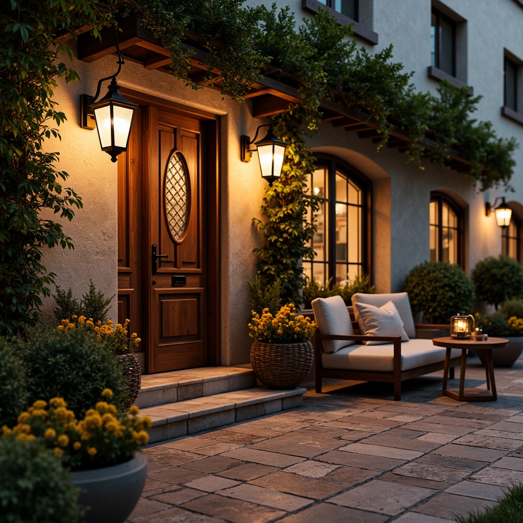 Prompt: Warm inviting facade, soft golden lighting, ornate wooden doors, vintage metal lanterns, distressed stone walls, lush greenery, flowing ivy, rustic brick arches, stained glass windows, delicate ironwork, charming outdoor seating, intimate candlelit ambiance, warm earthy tones, rich textures, cozy atmosphere, shallow depth of field, 1/1 composition, soft focus, warm color palette.