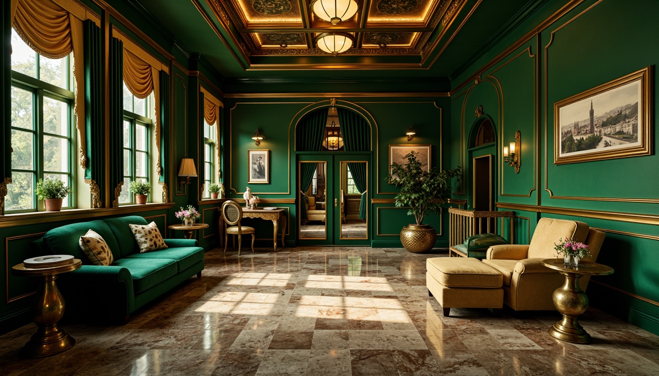 Prompt: Luxurious Art Deco interior, rich jewel tones, emerald green walls, golden metallic accents, ornate geometrical patterns, lavish velvet fabrics, opulent marble floors, intricate bronze fixtures, warm champagne lighting, soft focus photography, cinematic composition, high contrast ratio, nostalgic vintage vibe, sophisticated elegance, refined luxury atmosphere.