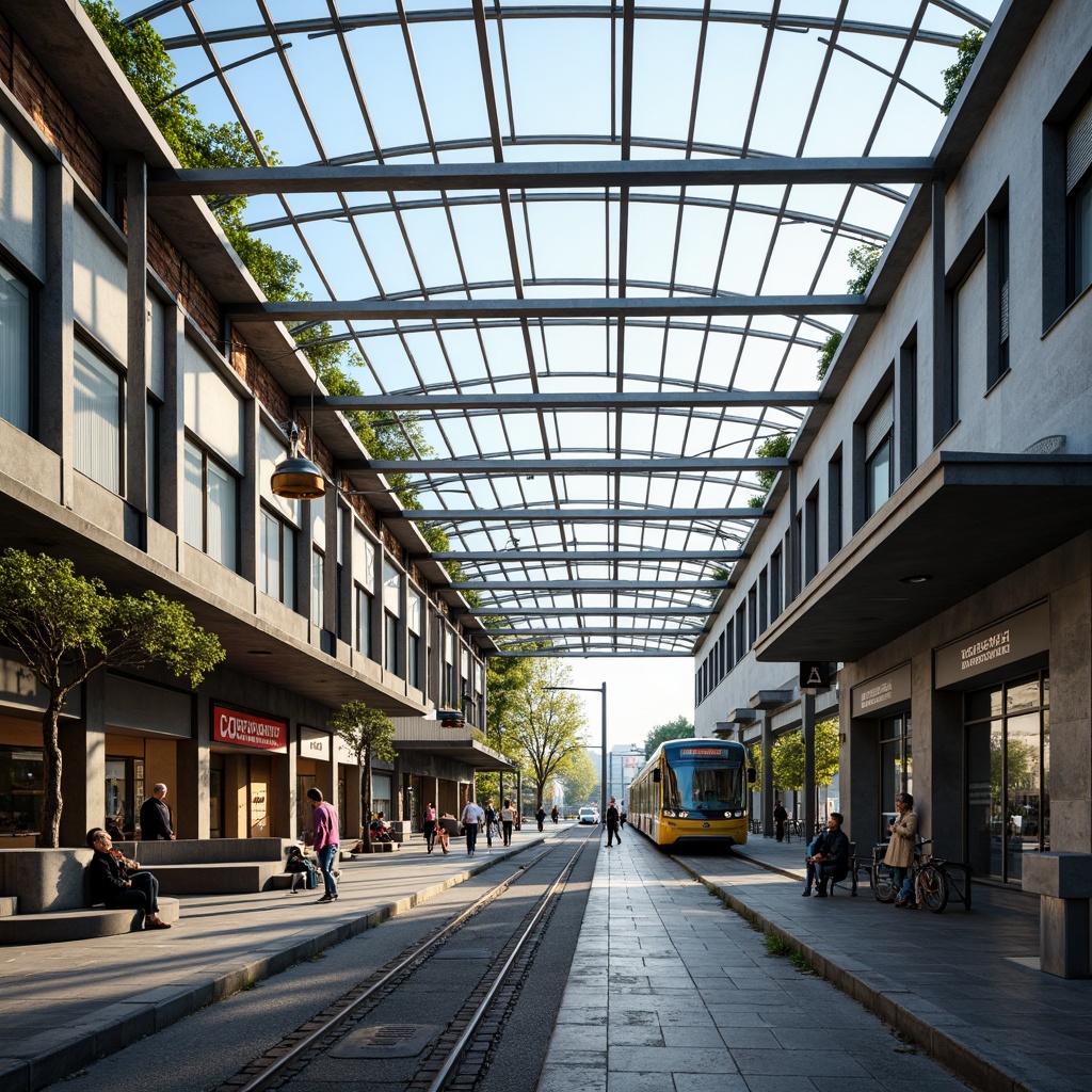 Prompt: Modern tram station, sleek glass roofs, steel beams, efficient layout, minimalistic design, ample natural light, clear signage, easy wayfinding, spacious platforms, comfortable seating areas, accessible pedestrian zones, bike storage facilities, green urban planning, integrated public art, vibrant cityscape, bustling commercial district, morning rush hour, soft warm lighting, shallow depth of field, 1/2 composition, realistic textures, ambient occlusion.