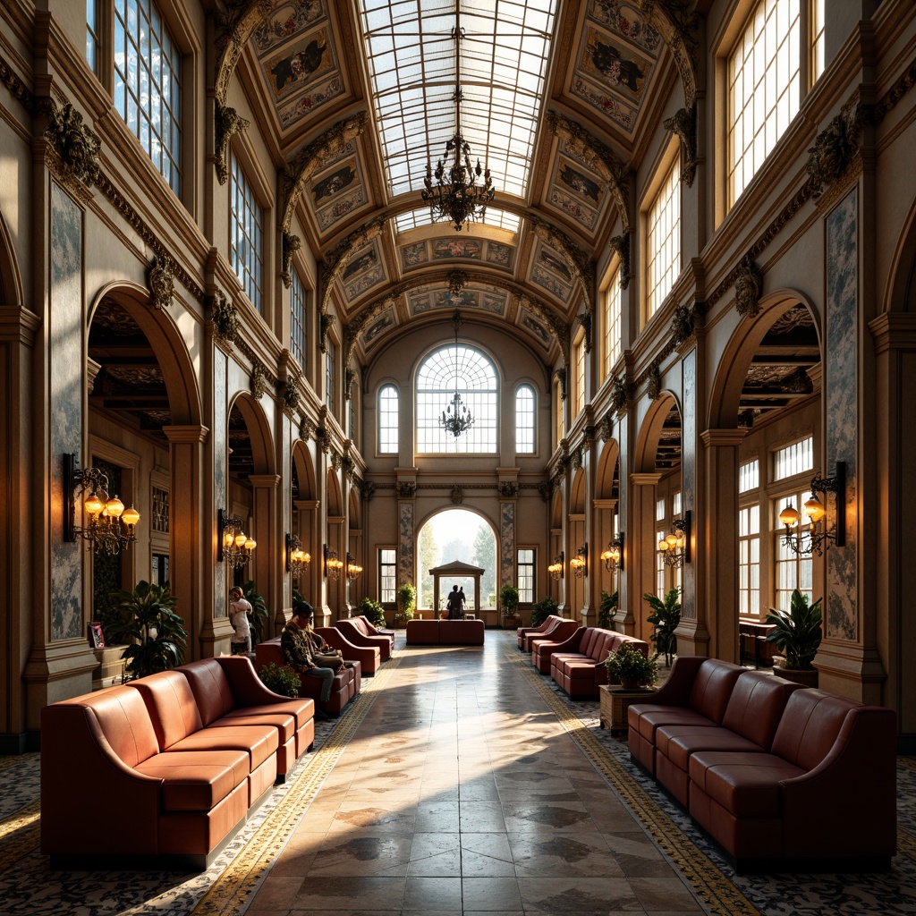 Prompt: Grandiose train station interior, ornate ironwork, curved wooden benches, stained glass ceilings, intricate tile mosaics, elegant chandeliers, luxurious velvet fabrics, bronze sculptures, flowing organic lines, sinuous shapes, botanical patterns, warm golden lighting, soft diffused shadows, high-contrast colors, symmetrical compositions, 1/2 composition, shallow depth of field, realistic textures, ambient occlusion.