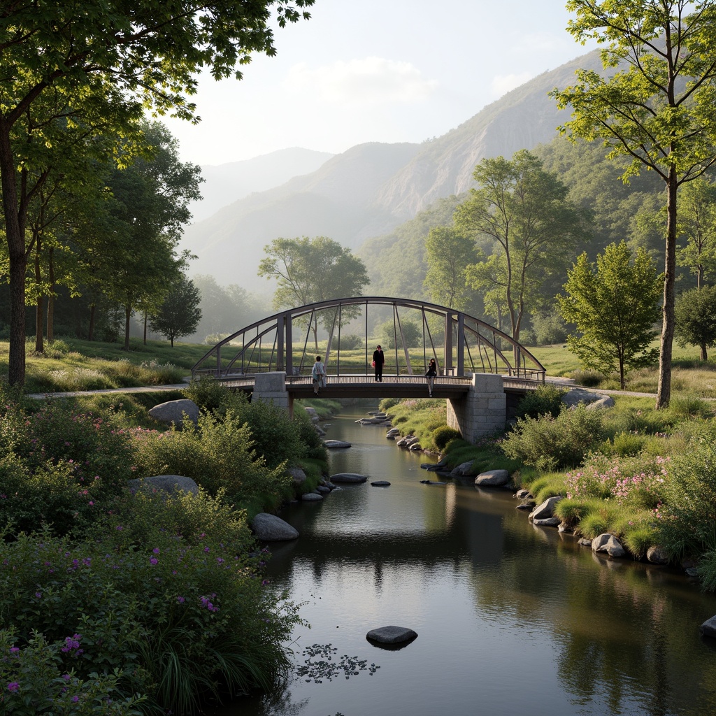 Prompt: Scenic bridge, harmonious landscape integration, meandering river, lush green vegetation, vibrant flowers, rustic stone piers, sleek modern railings, cable-stayed structure, suspension design, gentle arches, tranquil water reflections, misty morning atmosphere, soft warm lighting, shallow depth of field, 3/4 composition, panoramic view, realistic textures, ambient occlusion.