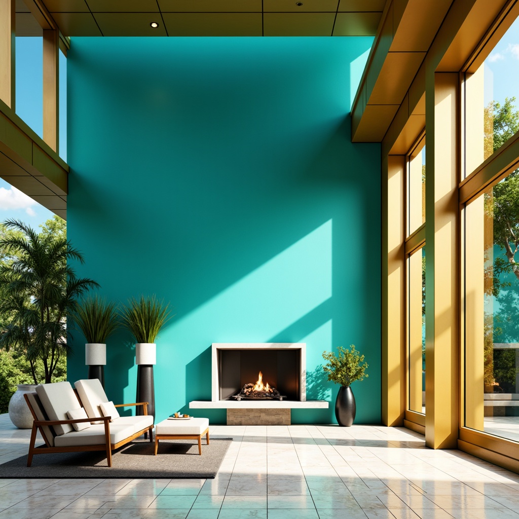 Prompt: Vibrant modern architecture, bold color scheme, bright turquoise walls, warm golden accents, sleek metal frames, large glass windows, minimalist interior design, monochromatic furniture, statement lighting fixtures, abstract geometric patterns, luxurious marble floors, high-contrast shading, dramatic spotlighting, 1/1 composition, shallow depth of field, realistic reflections.