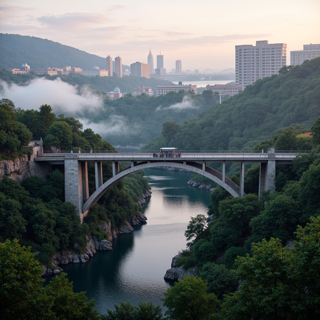 Prompt: Panoramic bridge landscape, winding waterways, lush vegetation, majestic arches, sturdy pillars, suspended walkways, scenic overlooks, natural stone abutments, weathered steel beams, modern infrastructure, urban skyscrapers, vibrant city lights, misty morning atmosphere, soft warm lighting, shallow depth of field, 3/4 composition, symmetrical framing, realistic textures, ambient occlusion.