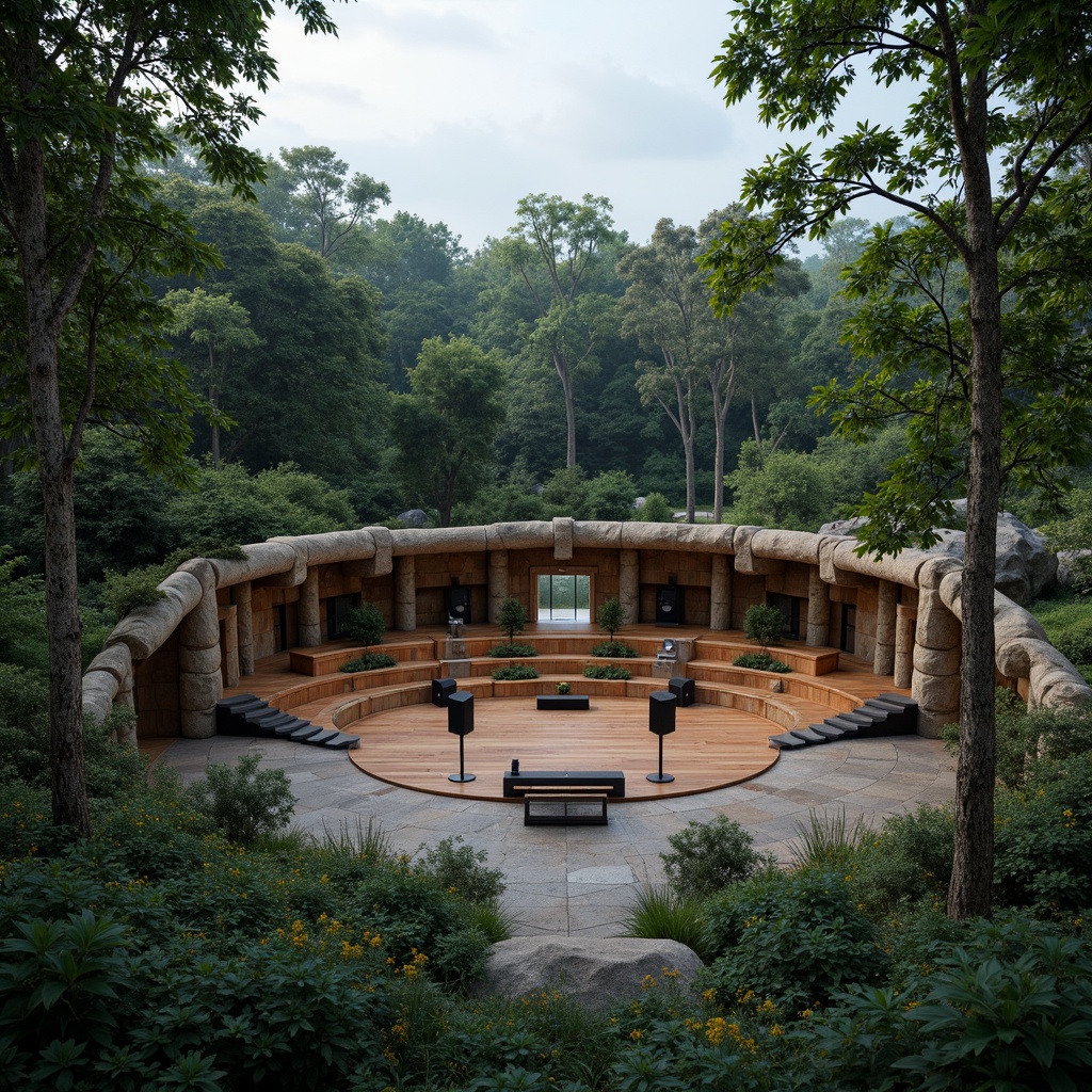 Prompt: Natural amphitheater setting, lush green surroundings, stone or wooden seats, elevated stage, curved architecture, acoustic sound system, audio equipment, microphone stands, speaker arrays, natural reverb, warm ambient lighting, soft evening atmosphere, misty fog effects, 3/4 composition, shallow depth of field, realistic textures, ambient occlusion, vibrant cultural patterns, intricate geometric details.