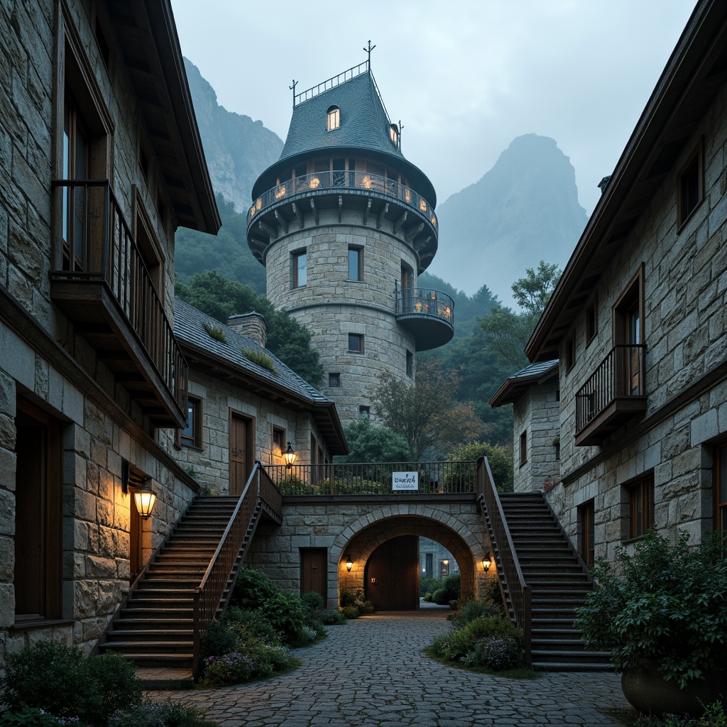 Prompt: Majestic watchtowers, rustic stone walls, fortified battlements, grandiose archways, narrow windows, heavy iron gates, ancient wooden doors, weathered copper roofs, winding staircases, dimly lit passageways, mysterious lanterns, ornate metalwork, Gothic-inspired architecture, rugged mountainous surroundings, misty atmospheric conditions, dramatic backlighting, high contrast ratio, 1/2 composition, cinematic framing.