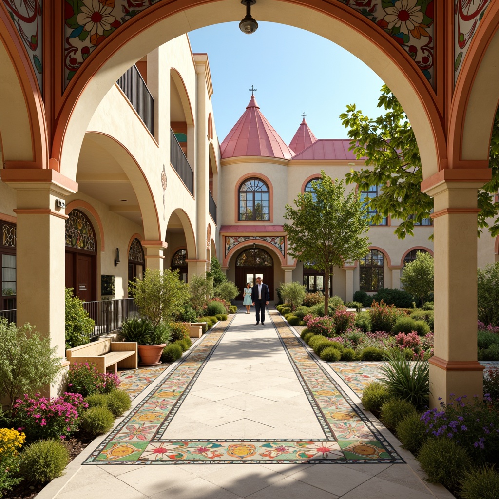 Prompt: Vibrant kindergarten, whimsical Art Nouveau style, curly ornate details, soft pastel colors, gentle arches, playful turrets, colorful mosaic tiles, blooming floral patterns, delicate ironwork, warm wooden accents, creamy stone walls, lush greenery, sunny day, soft diffused lighting, shallow depth of field, 1/1 composition, intimate atmosphere, realistic textures, ambient occlusion.Let me know if this meets your requirements!