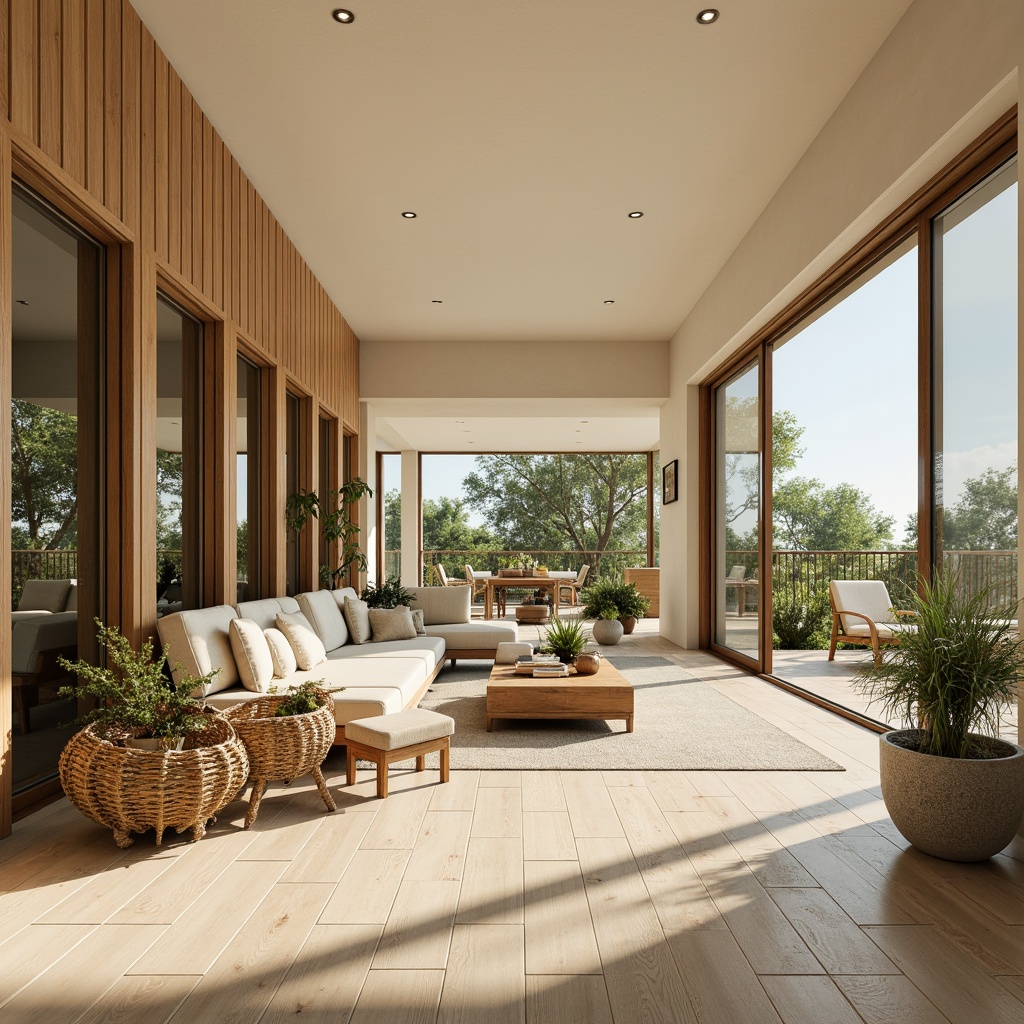 Prompt: Spacious open-plan living area, floor-to-ceiling windows, sliding glass doors, minimalist interior design, polished wooden floors, creamy white walls, greenery-filled balconies, natural textiles, woven rattan furniture, organic shapes, airy atmosphere, soft warm lighting, morning sunlight, afternoon shadows, 1/1 composition, symmetrical architecture, harmonious color palette, earthy tones, calming ambiance, serene relaxation.