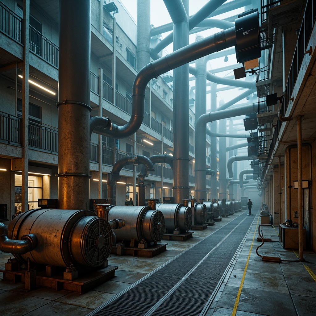 Prompt: Industrial energy plant, metallic surfaces, weathered steel textures, rusted pipes, concrete foundations, mechanical equipment, generators, turbines, control rooms, futuristic architecture, neon lighting, misty atmosphere, shallow depth of field, 1/1 composition, realistic renderings, ambient occlusion, detailed normal maps.