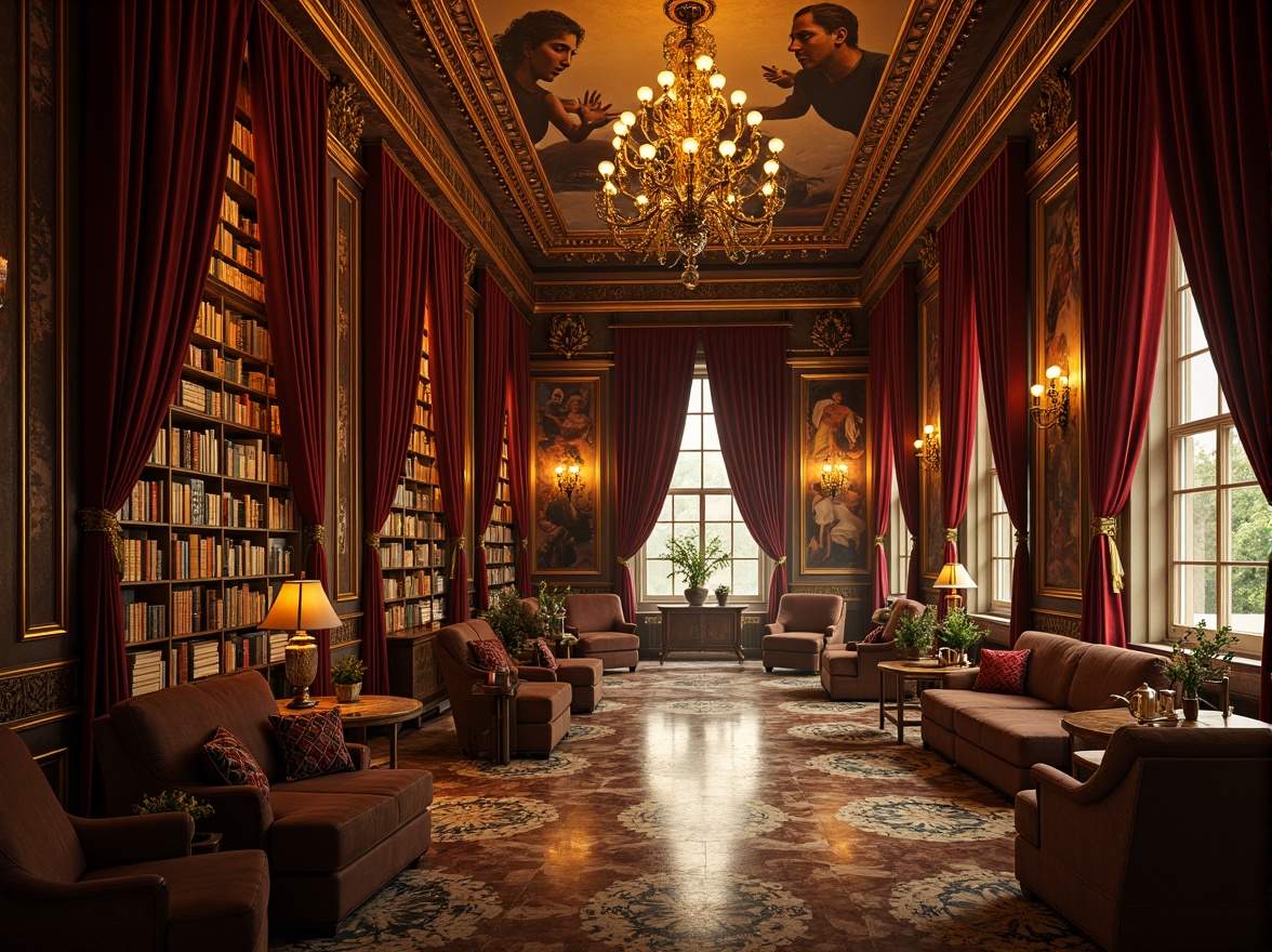 Prompt: Richly ornate bookshelves, warm golden lighting, luxurious velvet drapes, intricately carved wooden panels, opulent marble floors, majestic archways, grandiose chandeliers, lavish frescoed ceilings, rich jewel-toned leather-bound books, gilded accents, subtle texture overlays, dramatic chiaroscuro, atmospheric misty effects, 1-point perspective composition, warm color harmony, ornate metalwork details, classic Renaissance-inspired architecture.