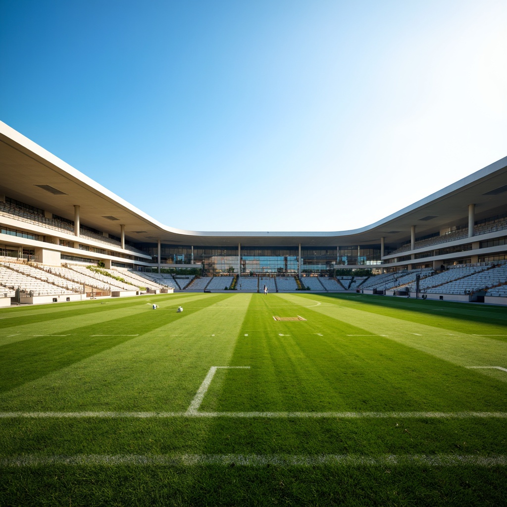 Prompt: Grassy sports field, natural turf, athletic tracks, stadium seating, goalposts, soccer balls, tennis courts, basketball hoops, sunny day, clear blue sky, soft warm lighting, shallow depth of field, 3/4 composition, panoramic view, realistic textures, ambient occlusion, modern architectural design, curved lines, cantilevered roofs, large windows, transparent glass walls, retractable roofs, natural ventilation systems, energy-efficient solutions.