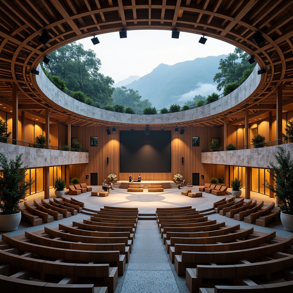 Prompt: Elegant amphitheater, curved seating areas, natural stone walls, wooden benches, acoustic panels, suspended sound systems, intricate ceiling designs, circular performance stages, atmospheric lighting effects, warm golden spotlights, ambient soundscape, lush greenery surroundings, serene mountainous backdrop, misty foggy mornings, soft diffused lighting, 1/2 composition, symmetrical framing, realistic textures, subtle depth of field.