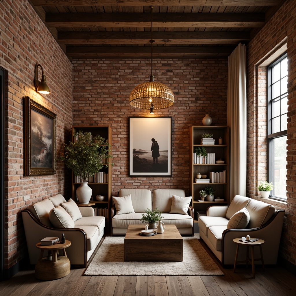 Prompt: Exposed brick walls, wooden beam ceilings, industrial metal columns, reclaimed wood floors, cozy reading nooks, plush velvet sofas, vintage decorative items, soft warm lighting, dimmable pendant lamps, romantic candlelight, pastel color palette, distressed finishes, eclectic artwork, natural textiles, billowy curtains, flowing fabrics, airy atmosphere, 1/1 composition, intimate close-ups, shallow depth of field, realistic textures, ambient occlusion.