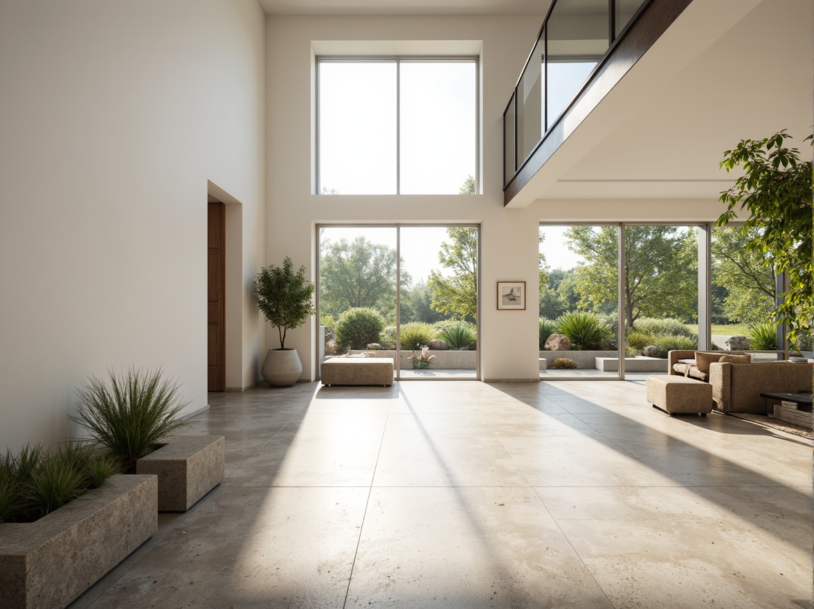 Prompt: Minimalist interior, large windows, sliding glass doors, open floor plan, high ceilings, white walls, polished concrete floors, natural stone accents, greenery installations, airy atmosphere, soft warm lighting, shallow depth of field, 3/4 composition, panoramic view, realistic textures, ambient occlusion.