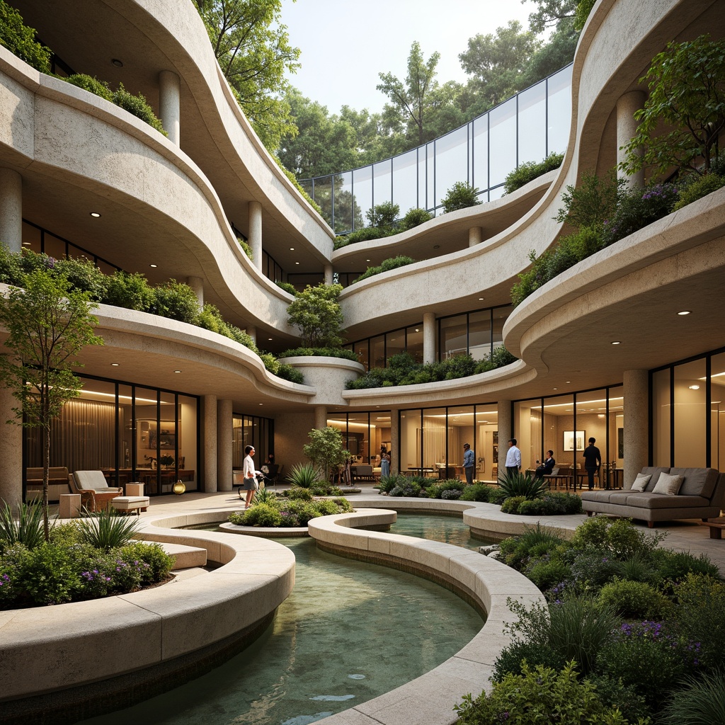 Prompt: Undulating bank exterior, fluid curves, natural stone fa\u00e7ade, verdant roof gardens, curved glass atriums, organic shapes, free-flowing lines, earthy tones, moss-covered walls, water features, serene ambiance, soft diffused lighting, 1/1 composition, intimate scale, warm beige colors, tactile textures, subtle material transitions, whimsical details, futuristic undertones.