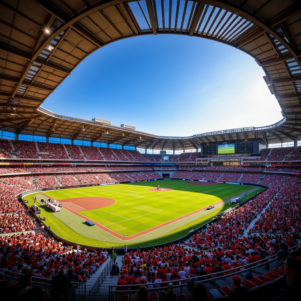 Prompt: Vibrant sports stadium, dynamic seating areas, bold team color schemes, energetic crowd atmosphere, bright LED lighting, sleek modern architecture, geometric patterns, angular lines, concrete structures, steel beams, lush green grass fields, athletic tracks, scoreboards, digital displays, electric blue and red accents, warm golden lighting, shallow depth of field, 2/3 composition, panoramic view, realistic textures, ambient occlusion.