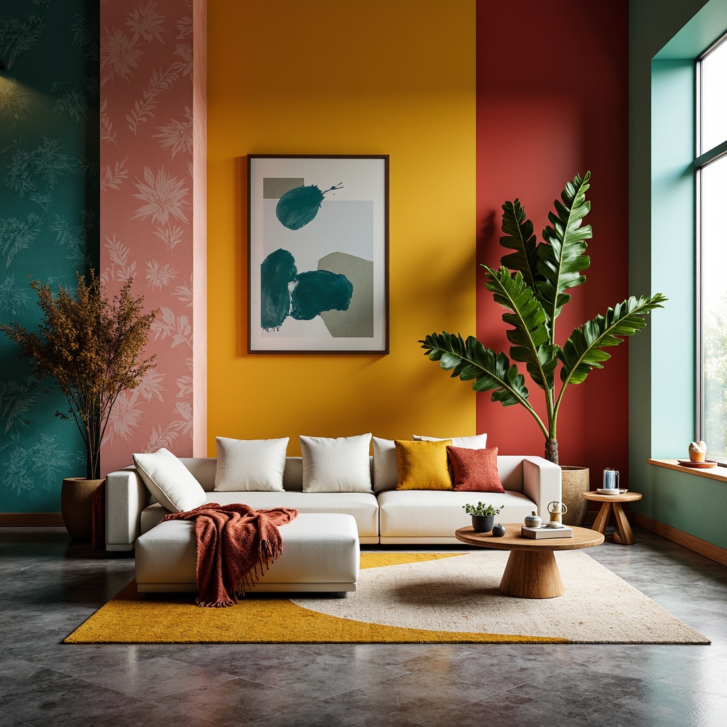 Prompt: Vibrant modern design, harmonious color scheme, bold accent walls, soft pastel hues, rich jewel tones, monochromatic backgrounds, contrasting textures, metallic accents, sleek typography, abstract patterns, natural materials, earthy undertones, warm ambient lighting, shallow depth of field, 1/1 composition, realistic renderings, atmospheric effects.