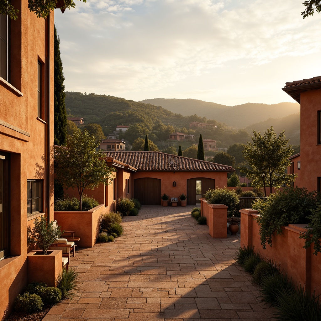 Prompt: Warm sienna tone, earthy brown stones, rustic terracotta rooftops, natural clay walls, Mediterranean-inspired villas, sun-kissed Tuscan landscapes, rolling hills, cypress trees, golden afternoon light, soft warm shadows, subtle gradient effects, 1/2 composition, shallow depth of field, realistic textures, ambient occlusion.