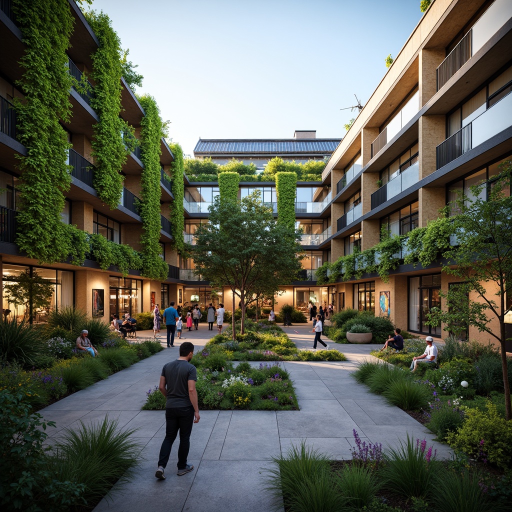 Prompt: Vibrant community courtyard, lush green walls, vertical gardens, solar panels, wind turbines, eco-friendly materials, modern angular buildings, large windows, glass balconies, colorful murals, urban art installations, bustling street life, warm evening lighting, shallow depth of field, 2/3 composition, realistic textures, ambient occlusion.